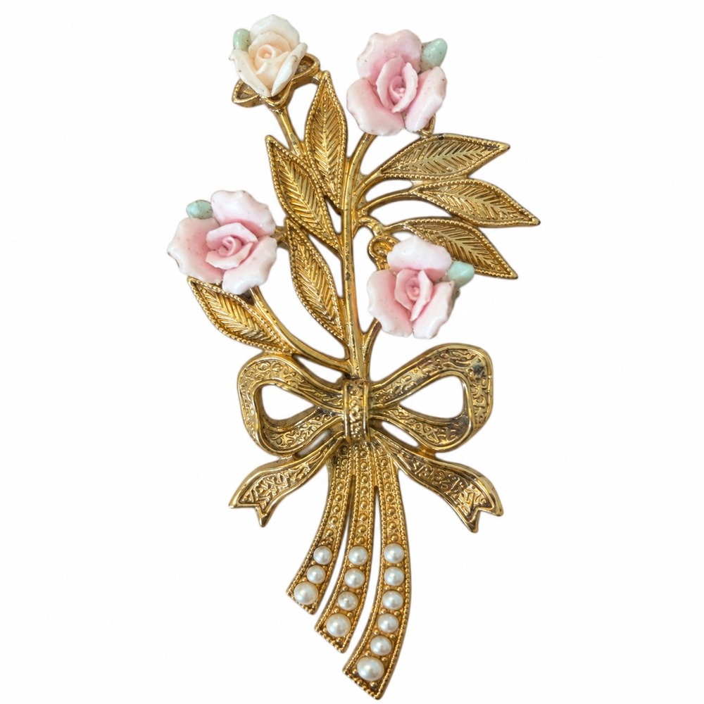 1928 Brooch Vintage Gold Tone Pink Rose Bouquet Bow Faux Pearl Victorian Revival